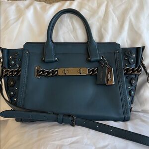 Coach Teal Leather Satchel with Floral Accents